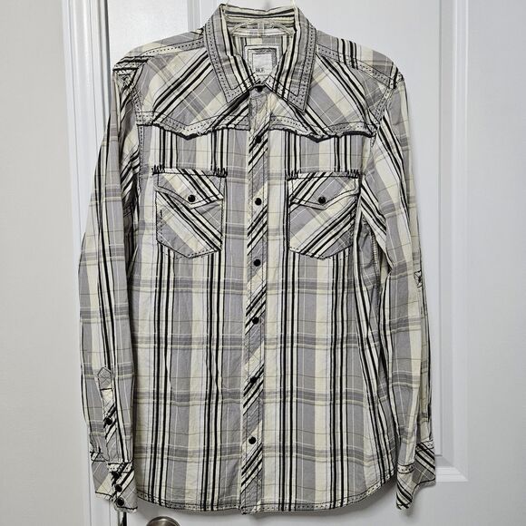 BKE Athletic Fit Shirt Men's Medium Gray White Black Yellow Plaid Pearl Snap GUC - Picture 1 of 7